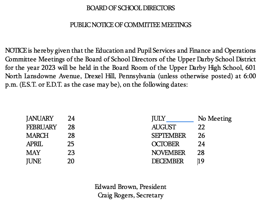 Board of School Directors Public Notice of Board Meetings 