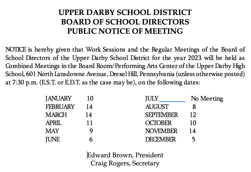  Board of School Directors Public Notice of Committee Meetings