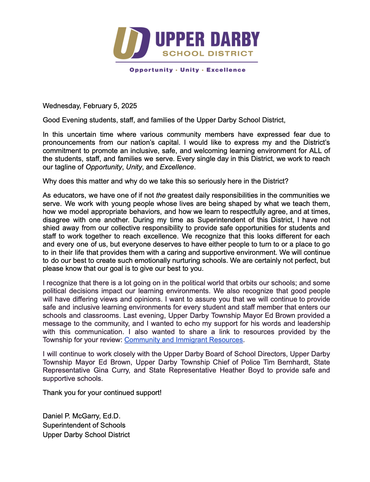  District Communication on Safe and Inclusive Learning Environments