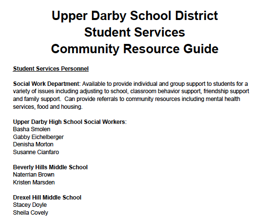  Upper Darby School District Student Services Community Resource Guide