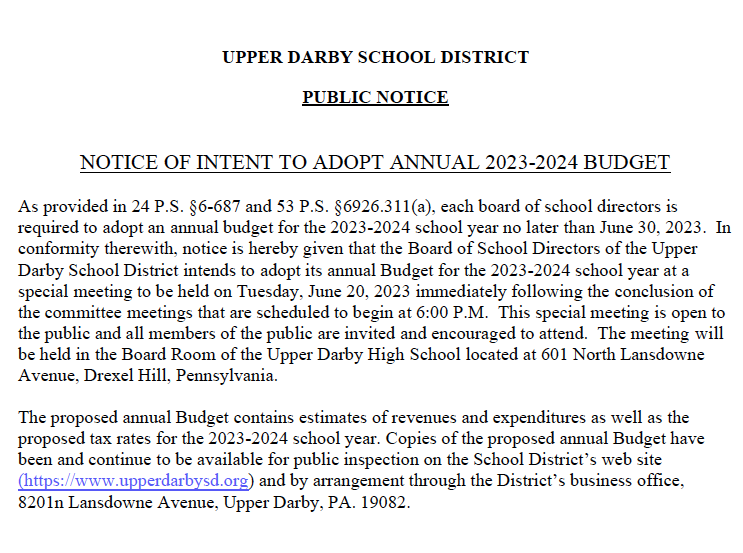  NOTICE OF INTENT TO ADOPT ANNUAL 2023-2024 BUDGET