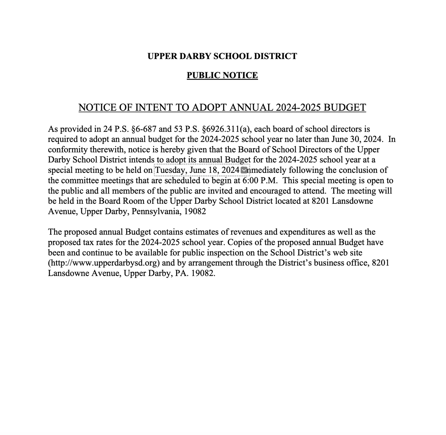  UDSD - Notice of Intent to to Adopt Annual Budget 2024-2025
